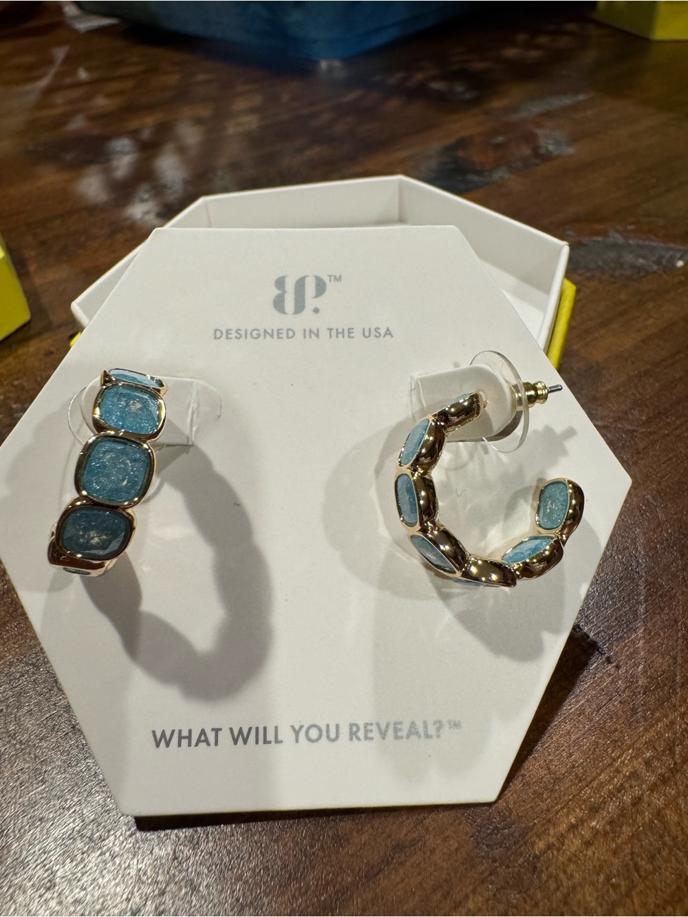Gold Hoop Earrings with Light Blue Stone Inlays